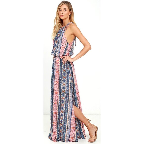 LuLus Estuary Orange Print Boho Maxi Dress Elastic Waist Side Slits Adj Ties SM - Picture 6 of 13